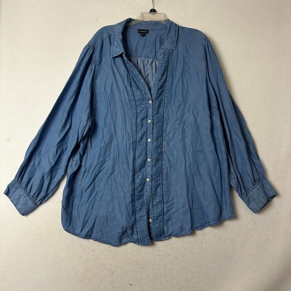 Torrid shirt sz 4x  Long Sleeve Button Up Denim chambray eyelet trim v neck - Picture 1 of 7